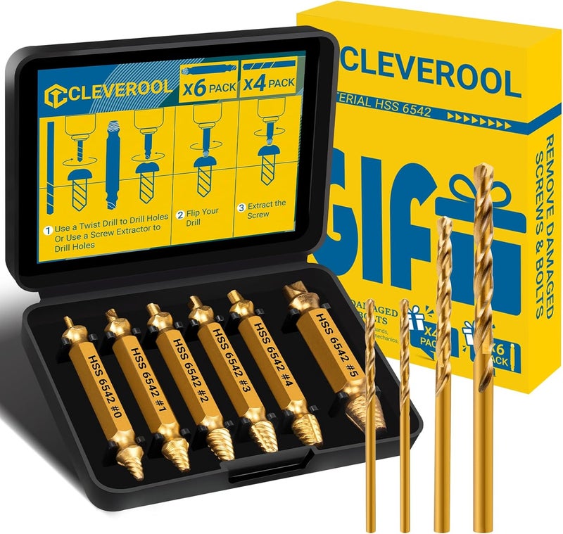 Cleverool Store 10 PCS Damaged Screw Extractor Set, 6 PCS HSS 6542 Screw Extractor Remover Kit and 4 PCS Twist Drill Bit Kit for Stripped Screws & Drill Bit Tools, Gifts for Men - Image 1